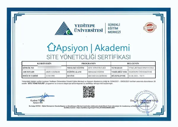 Yeditepe Üniversitesi ve Apsiyon Akademi Site Yöneticiliği Sertifikası